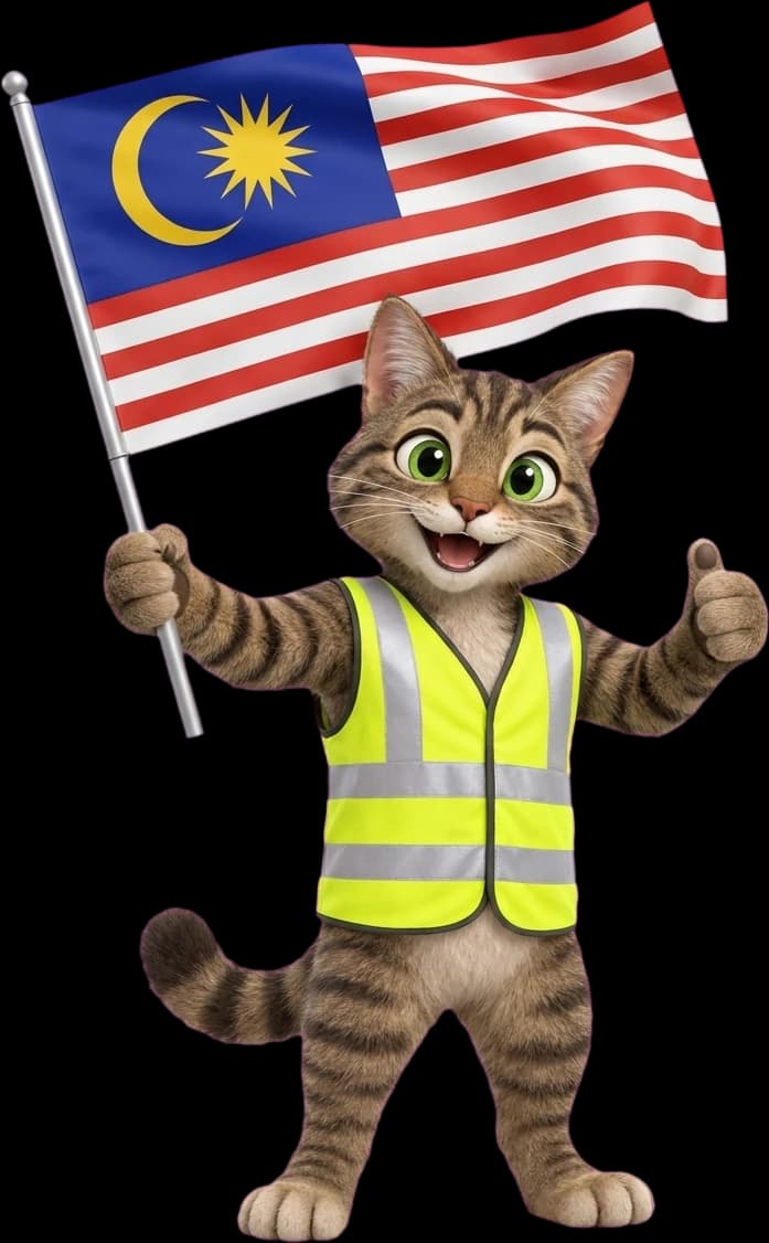 Maskot kucing HPT Malaysia memegang bendera Malaysia